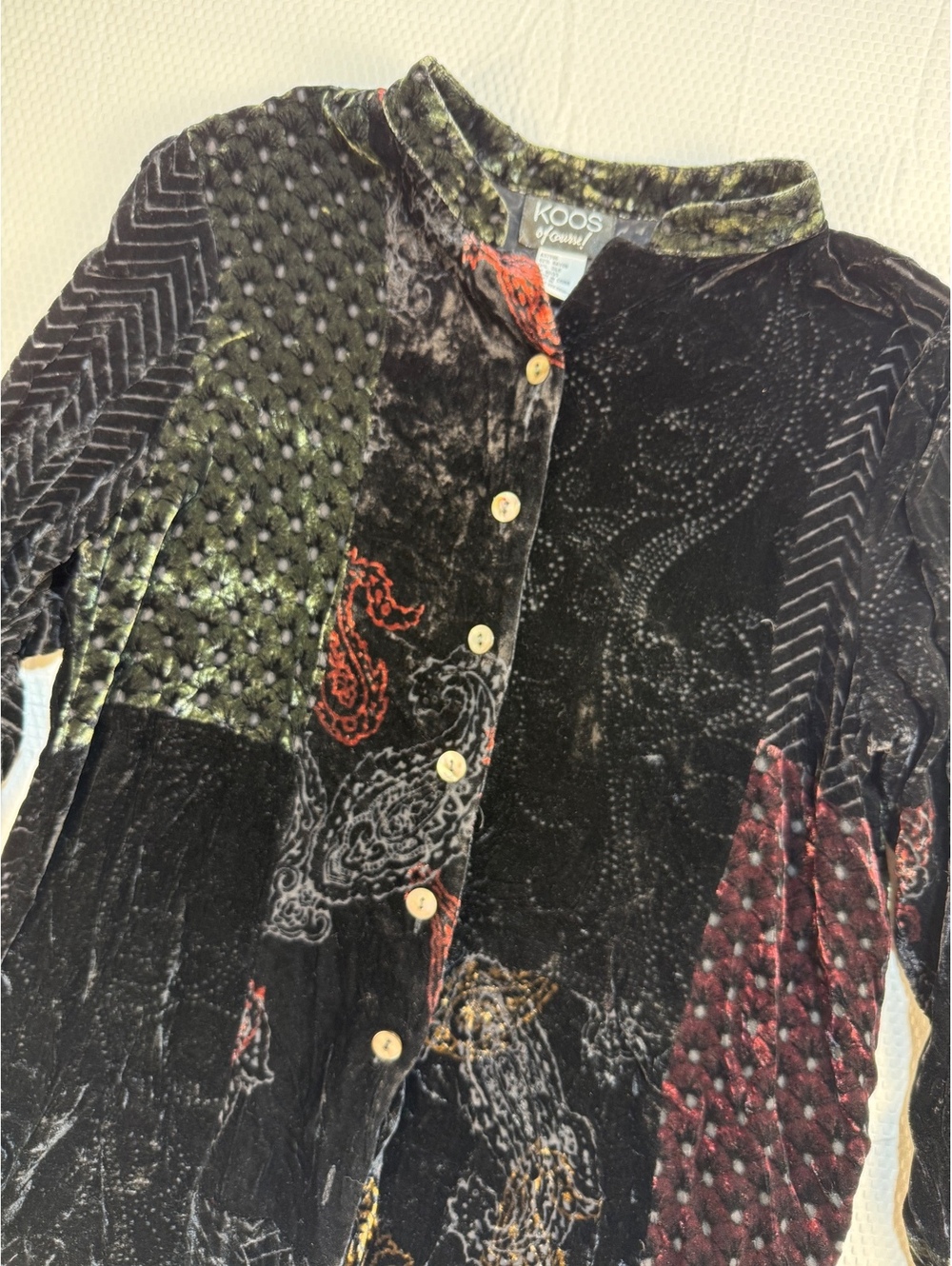 Vintage 90s KOOS of Course Silk Velvet Patchwork Medium Blouse Art to Wear Boho